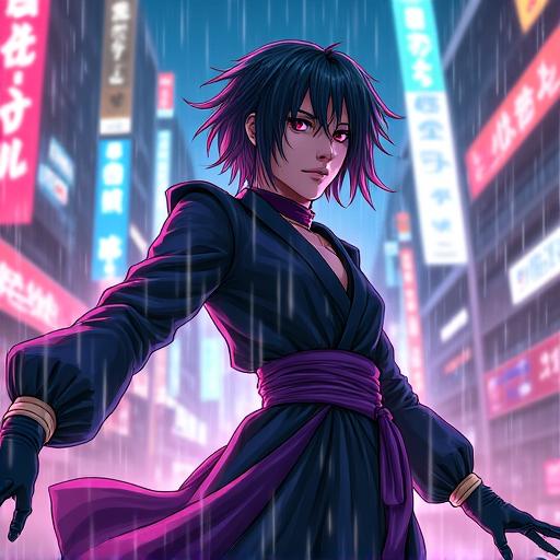 サイバー陰陽師 - A character with futuristic and traditional elements fighting in a neon city.