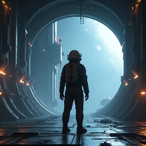 Echoes of the Void - Astronaut looking at a vast, desolate space station.
