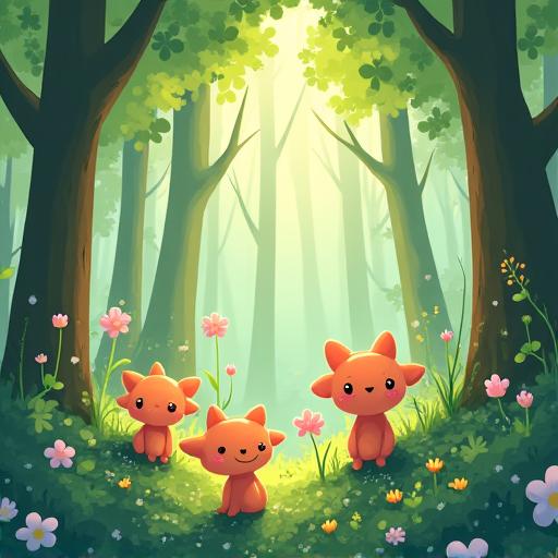 森の小さな管理人 - Cute forest spirits tending to a vibrant, regenerated forest.